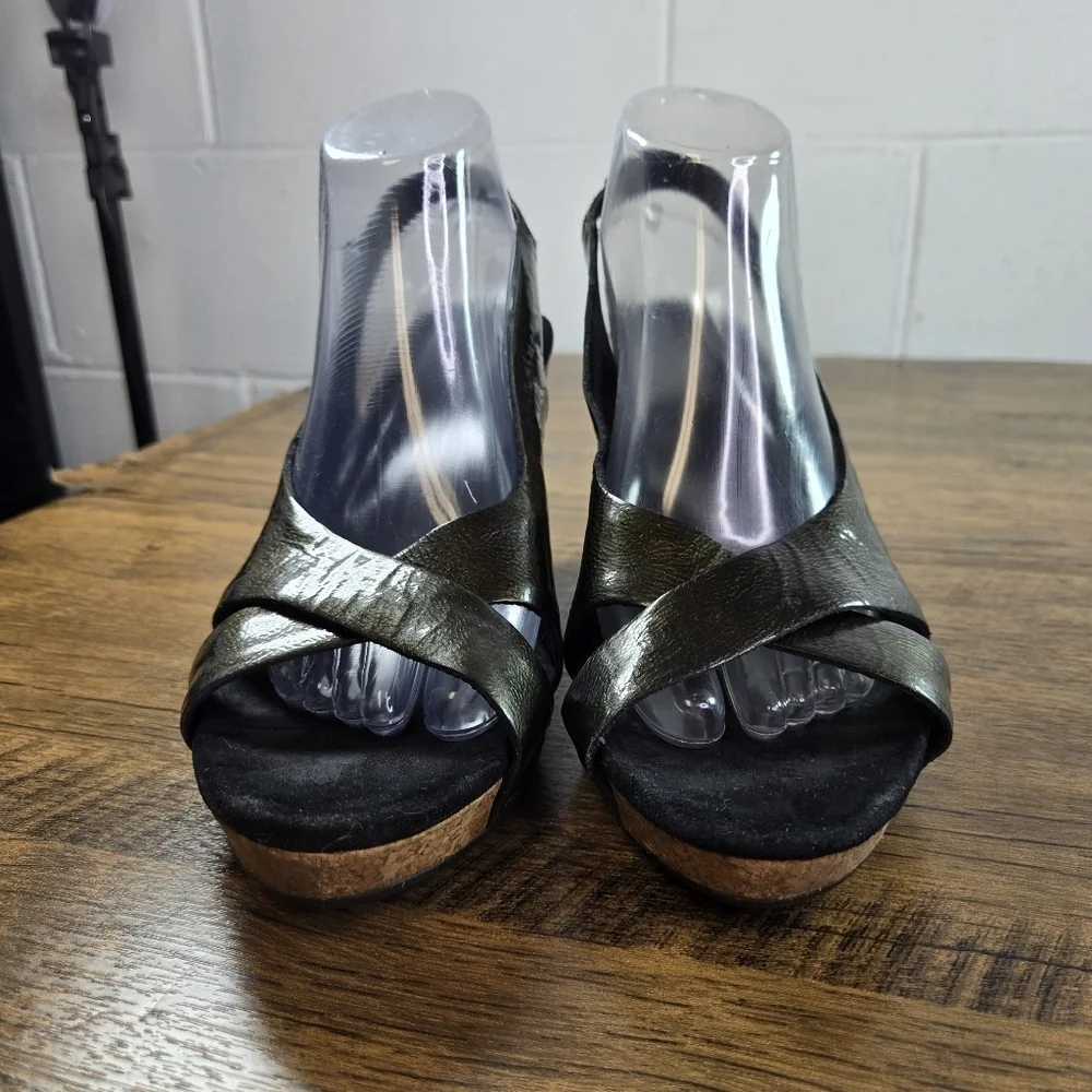 Ugg Hazel 1926 Metallic Patent Slingback Cork Wedge Heels Sandals